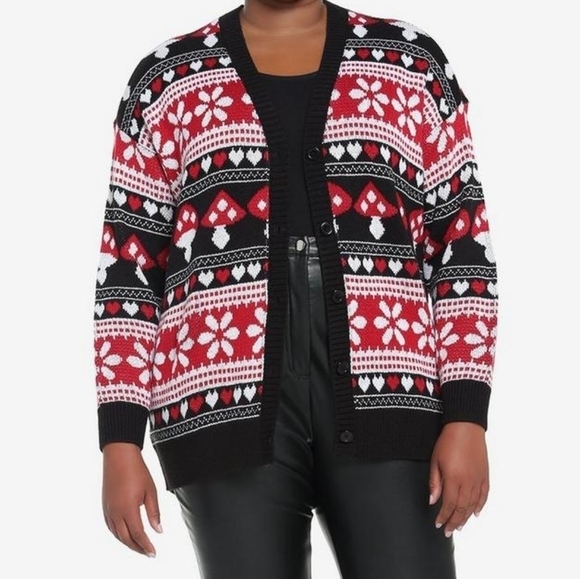 Hot Topic Mushrooms & Hearts Fair Isle  Cardigan Sweater L - Picture 1 of 7